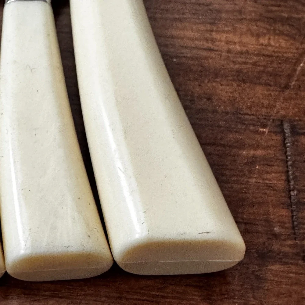 MCM‎ Vintage 10 Regent Sheffield Kitchen Knives & One fork Ivory Brown Leaf